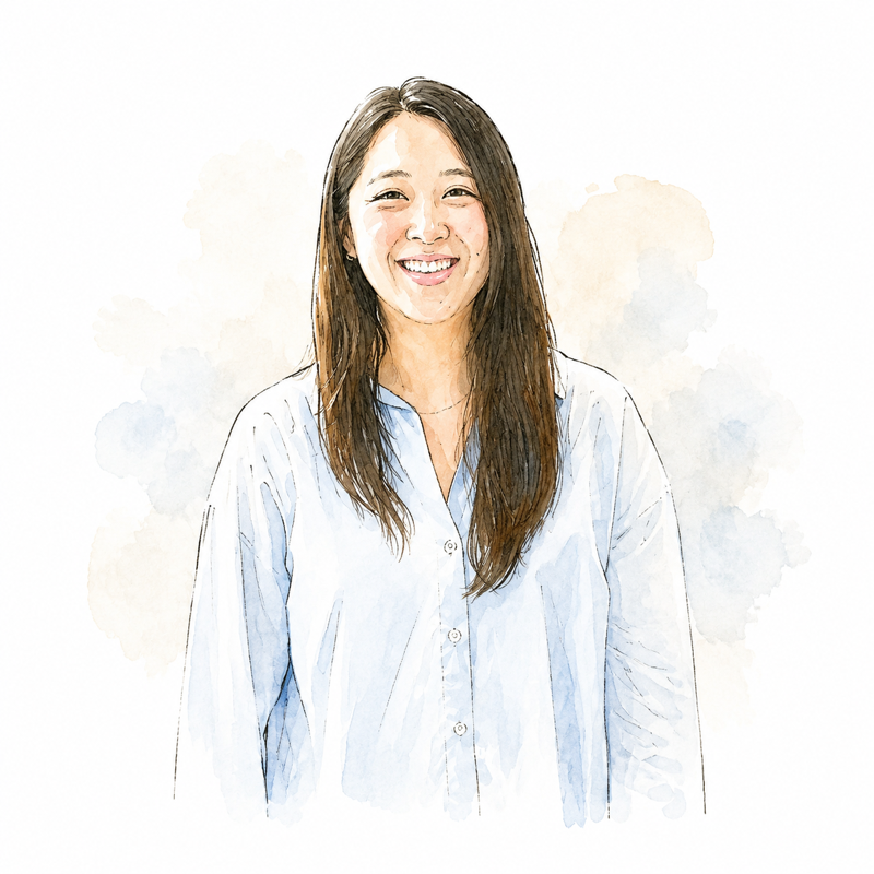Watercolor illustration of Eugene So, smiling, in a light-blue button-down shirt